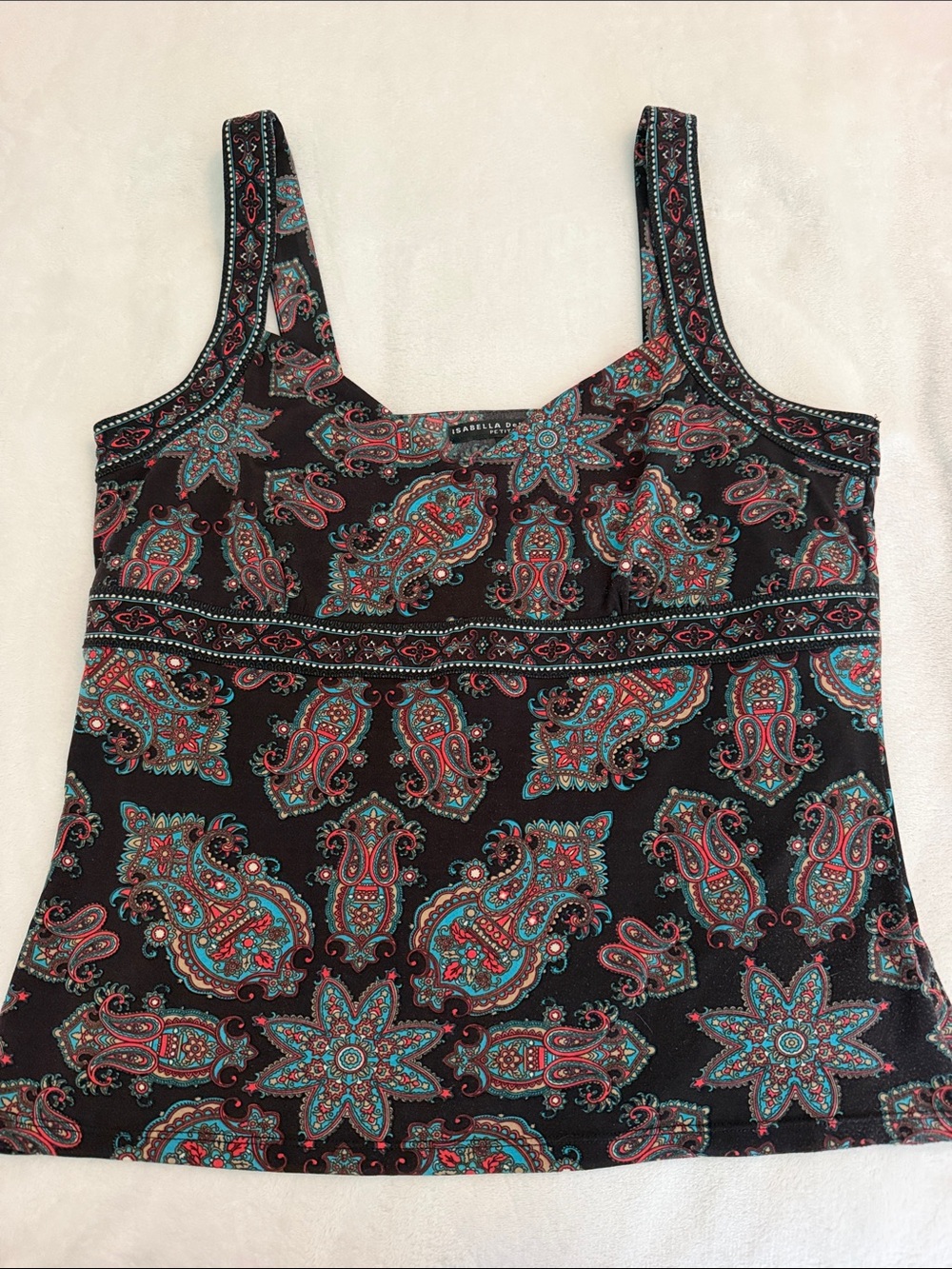 Isabella DeMarco Black Paisley Print Tank with Teal & Red Accents